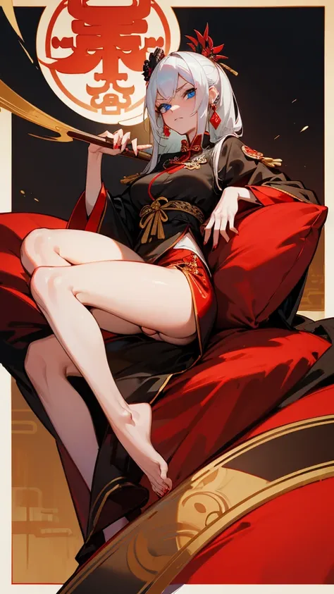 A white-haired female empress, with intense blue eyes and red nails, with traditional Chinese imperial clothing decorated in gold with black details, with red Hanafuda earrings, with a short red skirt. legs open with her hand hiding her pussy without panti...