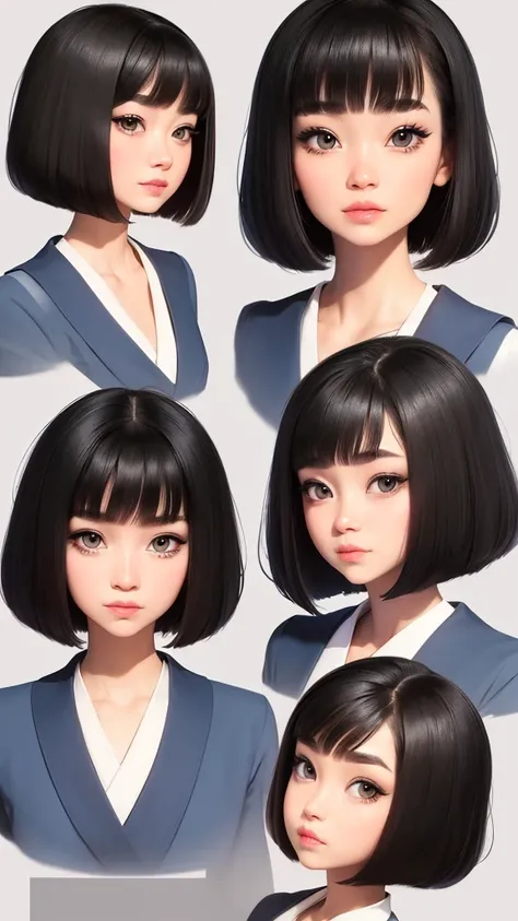 Please create an image that adheres to the following characteristics: - Short bob hairstyle - Short bangs on the forehead that expose the eyebrows - Asian features with wide, lively eyes - Natural make-up - Sailor uniform - Simple white background
