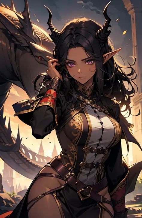 brown skin, older woman, sexy, tall, brown skin, one dragon wing, black hair, elf, elf ears, dragon horns, dark clothing, purple clothing