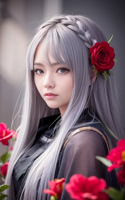 One girl,alone,One girl,alone,((Beautiful attention to detail)), (Detailed light),Depth of written boundary,(Gray Hair),Silver Eyes,Hair on one eye,(Red flower ), Hair Flowers,Long Hair,Black Cape,Wet,Emotional,Recall,night,Starfall,It rained,Thick Fog,Red...