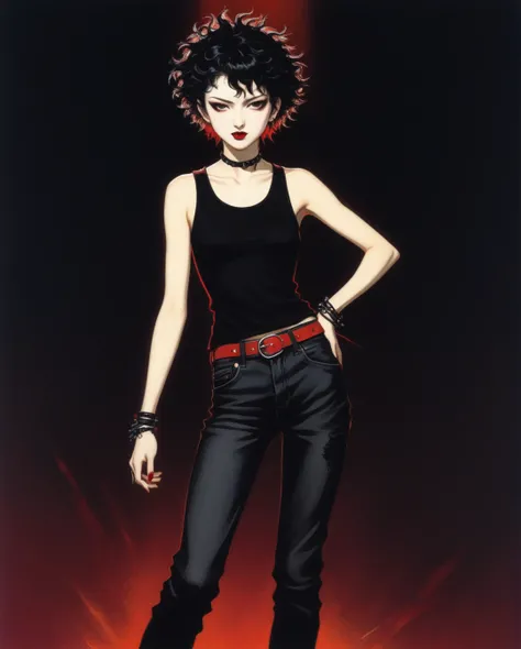 amano yoshitaka, a full-body, high-resolution anime style of a rebellious teenage female punk rocker with short curly black hair, thin face, intense red lips, sleeveless black top, and tight black denim pants, inspired by the works of Yoshiaki Kawajiri, vi...