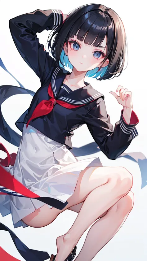 Please create an image that adheres to the following characteristics: - Short bob hairstyle - Short bangs on the forehead that expose the eyebrows - Asian features with wide, lively eyes - Natural make-up - Sailor uniform - Simple white background
