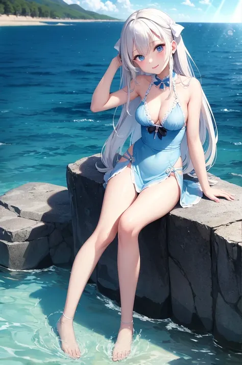 UHD,masterpieces,perfect figure,1girl,solo,white hair,middle breasts,long air,white skin,smooth skin,blue eyes,smilling,speard hair,light-blue dress,beautiful waist,16 years old,white panyhose,nake arms,bows in head back,sitting,bright sky,sunny weather,Tr...