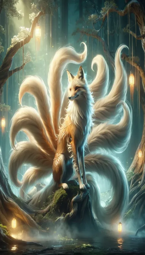 panorama，a wild beast in the forest，looks like a fox with nine tails on its back，mysterious creatures, shrike, (best quality，4k，...