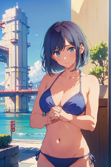 (Highest quality:1.4、masterpiece:1.4、Super detailed:1.4、Ultra-high resolution:1.4、8K:1.4)、Slim body、Big Breasts、((((1 person、Surprised expression、In the background are the urban buildings of Tokyo、looking at the camera、Seaside café terrace、Get up close and...