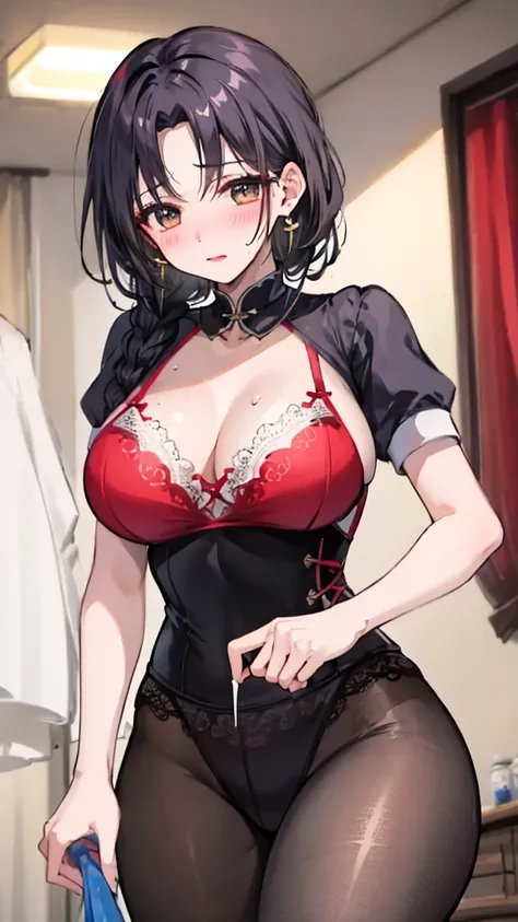 Mature美麗的妻子，Large Breasts，whey，Shy，blush，The room is dark，red lace，red lace，stockings，pant，earrings，Lipstick，black hair，Thin clothes，Side braids，Sweat，Mature