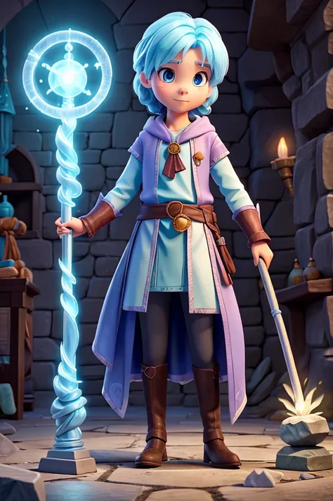 Make a picture that has a young ice wizard holding a large staff with a glowing stone at the end., learning magic at a magic school with her old teacher.