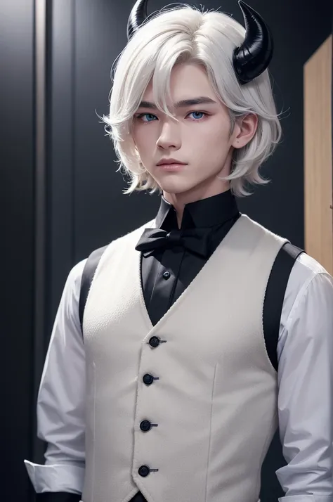 a boy of medium build, androgen. Has white wavy hair, with a pair of small black horns, Your skin is white. His clothes are a white dress shirt and a dark blue woolen vest., your eyes are yellow and black