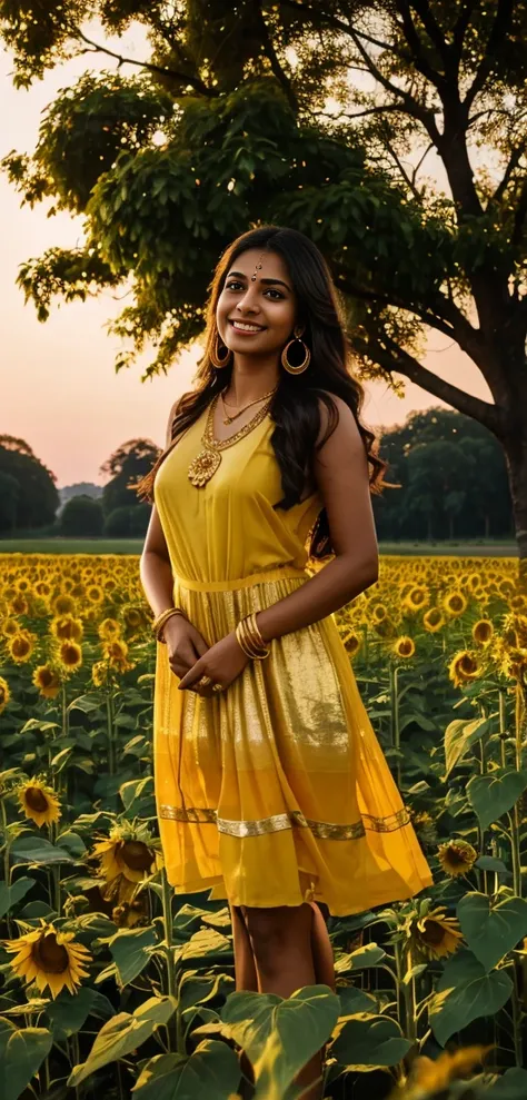 A indian woman is standing in a field of flowers at sunset, wearing a light sunflower  outfit consisting of a sleeveless top dress . She has long, flowing dark hair, gold earrings, a necklace, and gold bangles. The sky is a gradient of warm hues, and trees...