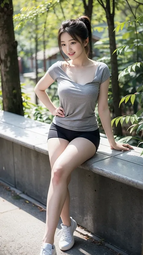 masterpiece, best quality, Surreal, Ultra Detailed, 8k resolution, RAW photos, Clear focus, (A girl in the forest), ((Light grey camisole:1.1)),Short sleeve, Large breast bulge, Single ponytail, sports Shorts,Full body posture, Solitary, Perfect body, Sexy...