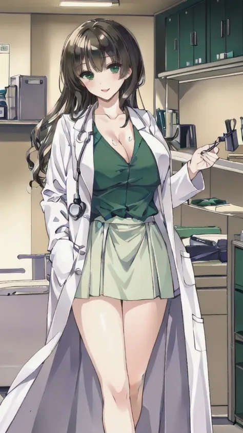 ((masterpiece, best quality, high quality)),1girl, (lower body, hospital), (doctor_uniform, labcoat, stethoscope, doctor),Large Breasts，cleavage，lipstick，Smile，lipstick，Green eyes