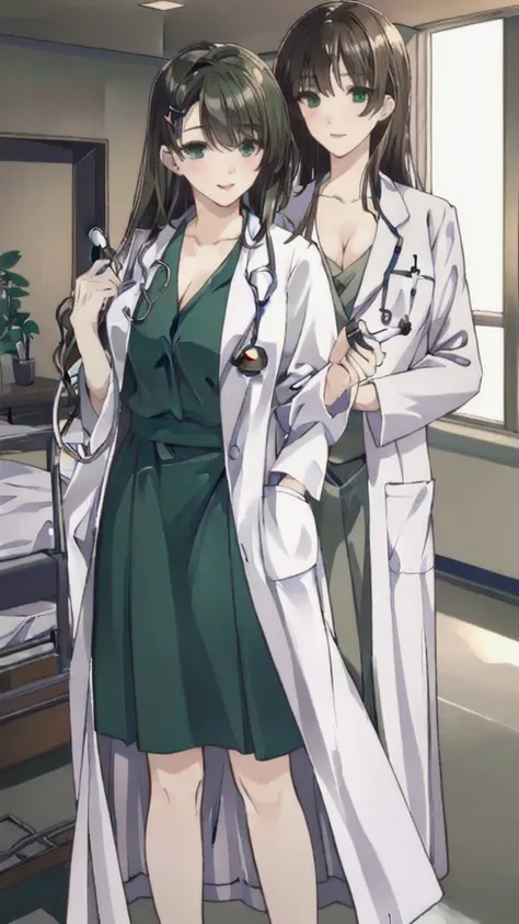 ((masterpiece, best quality, high quality)),1girl, (lower body, hospital), (doctor_uniform, labcoat, stethoscope, doctor),Large Breasts，cleavage，lipstick，Smile，lipstick，Green eyes