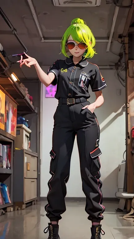 Black workwear jumpsuit、Costume with glowing yellow-green linesを着た女性, cyber punk, Punk Rock, Mosh Pit, (Highest quality,4K,8K,High resolution,masterpiece:1.2),Live Stage、Costume with glowing yellow-green lines、Large sunglasses,Punkish hairstyle、Full body p...