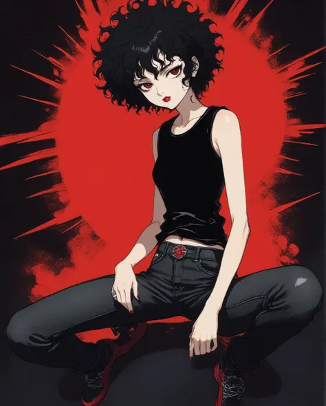 amano yoshitaka,a full-body, high-resolution anime style of a rebellious teenage female punk rocker with short curly black hair,...