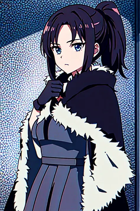 1girl, ponytail, fur cloak, gloves