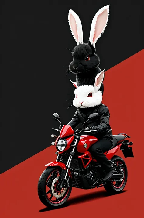 Logo of a humanized anime Angora rabbit riding a red and black motorcycle 