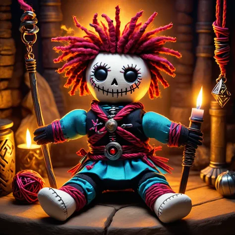 (knitted toy voodoo doll:1.7), (Voodoo in a Magical Dungeon:1.3), (Clothing: adventurers gear with glowing mystical runes:1.0), (Accessories: enchanted torch emitting sparks of dungeon exploration, levitating ancient artifacts:1.1), (background: mystical d...