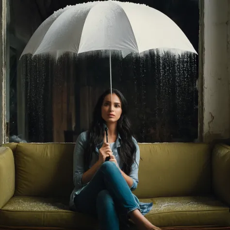 cinematic film still of  Juxtaposition of a woman sitting on a couch holding an umbrella with foamy cloud rain above,1girl,solo,long hair,black hair,sitting,indoors,window,umbrella,couch,rain,realistic,ruins Juxtaposition,artistic,photography,dramatic ligh...