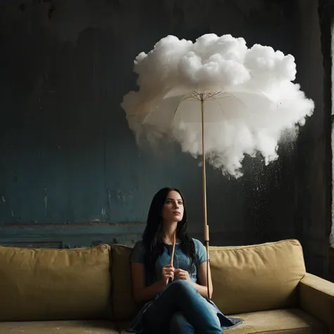 cinematic film still of  Juxtaposition of a woman sitting on a couch holding an umbrella with foamy cloud rain above,1girl,solo,long hair,black hair,sitting,indoors,window,umbrella,couch,rain,realistic,ruins Juxtaposition,artistic,photography,dramatic ligh...