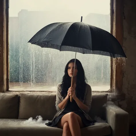 cinematic film still of  Juxtaposition of a woman sitting on a couch holding an umbrella with foamy cloud rain above,1girl,solo,long hair,black hair,sitting,indoors,window,umbrella,couch,rain,realistic,ruins Juxtaposition,artistic,photography,dramatic ligh...