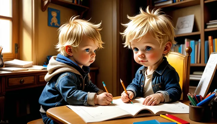 (photo film style), anthropomorphic, cute little blond hair baby boy, , in his room, studying, 2D, colorful, warm atmosphere, shiny, Jean-Baptiste Monge style, Alan Lee style