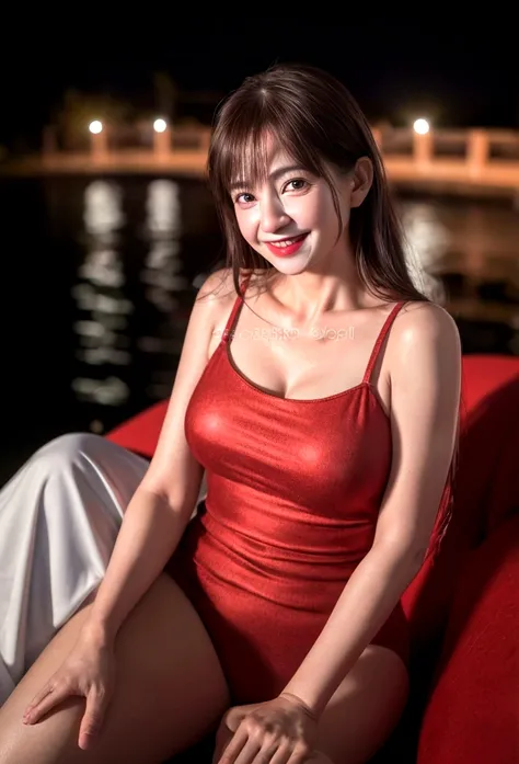 (8K, RAW Photos, Highest quality, masterpiece:1.2), (Realistic, photo-Realistic:1.37), Super detailed, 45 years old,1 female,round face,cute, alone,Talking,night,Sitting,Date,(Red nose),(smile:1.1),(Reduce skin exposure)