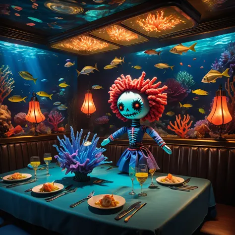 (knitted toy voodoo doll:1.7), (Voodoo in an Underwater Restaurant:1.3), (Clothing: aquatic-themed attire with glowing coral patterns:1.0), (Accessories: enchanted fork emitting sparks of culinary delight, levitating seafood dishes:1.1), (background: mysti...