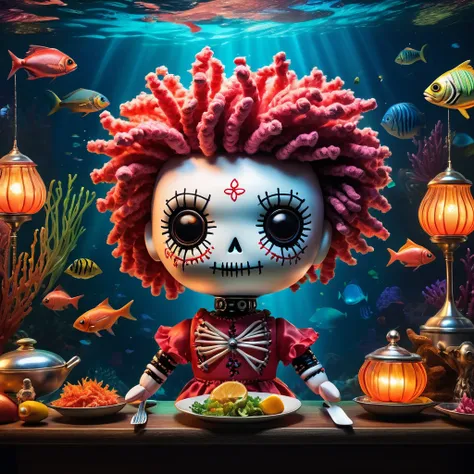 (knitted toy voodoo doll:1.7), (Voodoo in an Underwater Restaurant:1.3), (Clothing: aquatic-themed attire with glowing coral patterns:1.0), (Accessories: enchanted fork emitting sparks of culinary delight, levitating seafood dishes:1.1), (background: mysti...