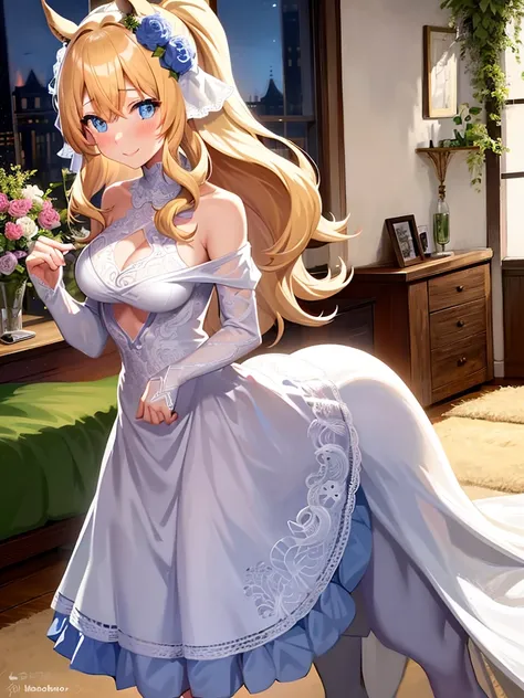 1girl, centaur, blonde hair, medium hair, blue eyes, white wedding dress, happy face, blush, looking at viewer, bedroom, bed,