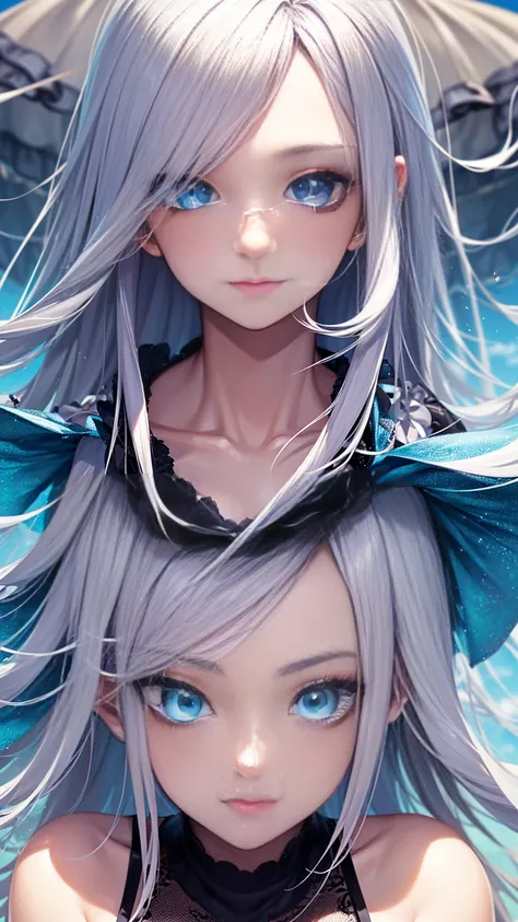 Transparent silver hair), Semi-long hair, ((Shiny blue eyes)), (Cute summer clothes), Resolution, Unity 8k wallpaper, (Figure:0.8), (Detailed and beautiful eyes:1.6), Highly detailed face, Perfect lighting, Highly detailed CG, (Perfect hands, perfect anato...