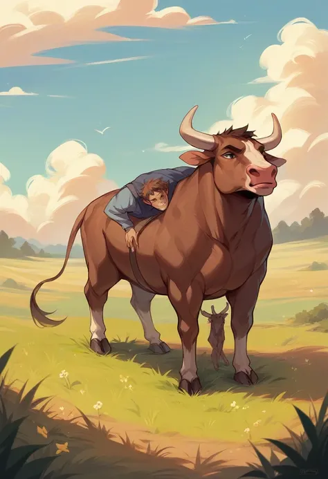 Boy playing in a field with cows