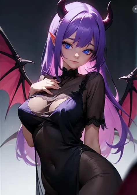 ((best quality)), ((masterpiece)), (detailed), 1girl, succubus demon, demon wings, purple hair, long hair, blue eyes, black nightgown, see through nightgown, nsfw