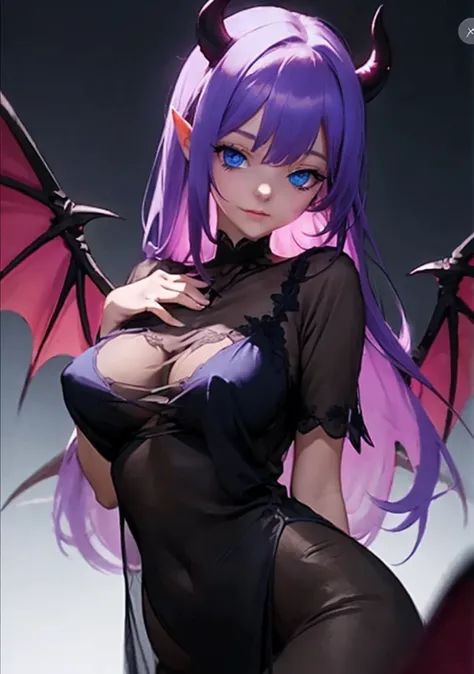 ((best quality)), ((masterpiece)), (detailed), 1girl, succubus demon, demon wings, purple hair, long hair, blue eyes, black nightgown, see through nightgown, nsfw