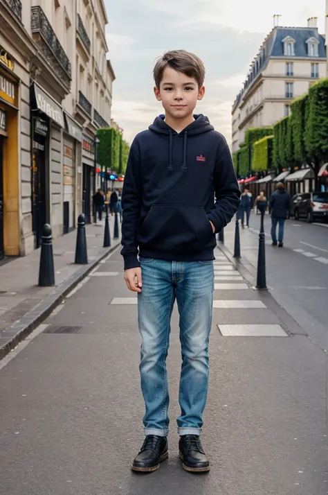 Generate a boy photo standing in front of paris