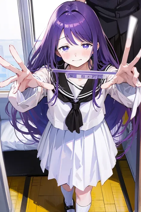 holding white panties、smirking face、blushing、black skirt、light purple hair、semi-long hair、、japanese school uniform、schoolgirl、on...