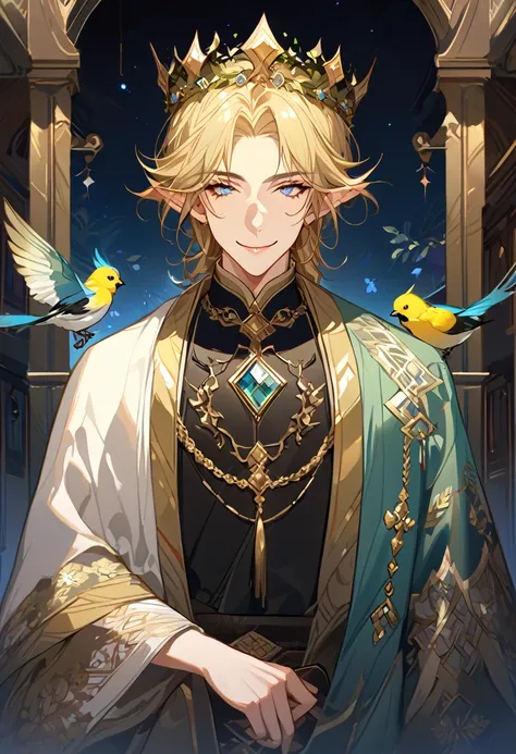 masterpiece, best quality, 8k ,4k , 1male, elf King, Golden Blond, Blue greenish eyes, gold wreath crown, hair ornament, finely detailed eyes and detailed face, looking at viewer, black sleeveless, half robe, patterned clothes, gold embroidery clothes, met...