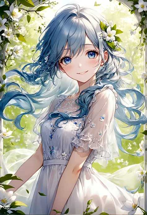 ((top-quality)), ((​masterpiece)), ((ultra-detailliert)), (extremely delicate and beautiful), beautiful woman, bright light blue hair, long wavy hair, sapphire blue eyes, wearing sheer white dress, dress has embedded delicate white flowers, dress has embed...