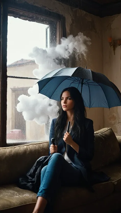 cinematic film still of  Juxtaposition of a woman sitting on a couch holding an umbrella with foamy cloud rain above,1girl,solo,long hair,black hair,sitting,indoors,window,umbrella,couch,rain,realistic,ruins Juxtaposition,artistic,photography,dramatic ligh...