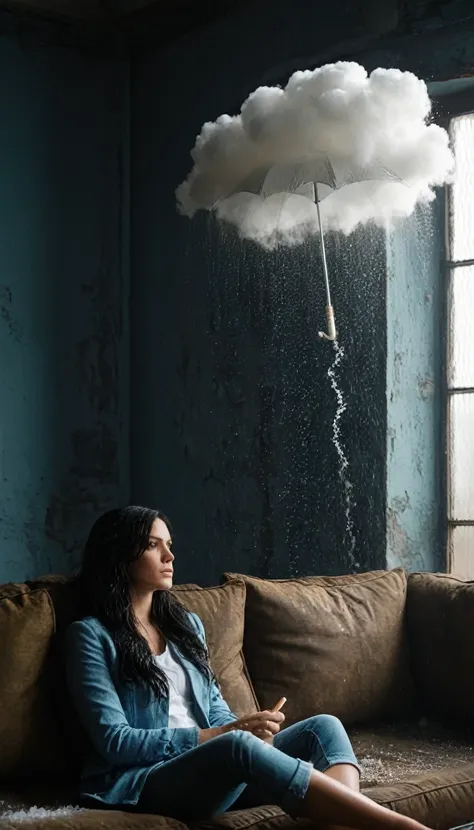 cinematic film still of  Juxtaposition of a woman sitting on a couch holding an umbrella with foamy cloud rain above,1girl,solo,long hair,black hair,sitting,indoors,window,umbrella,couch,rain,realistic,ruins Juxtaposition,artistic,photography,dramatic ligh...