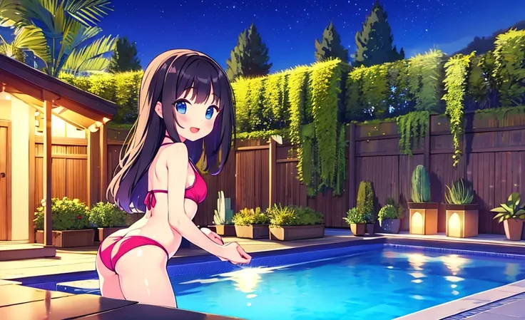 Masterpiece, Best Quality, extremely detailed, cheered up, girl,night pool,high waist bikini,SMILE,:d,action,(small breasts),ass focus 