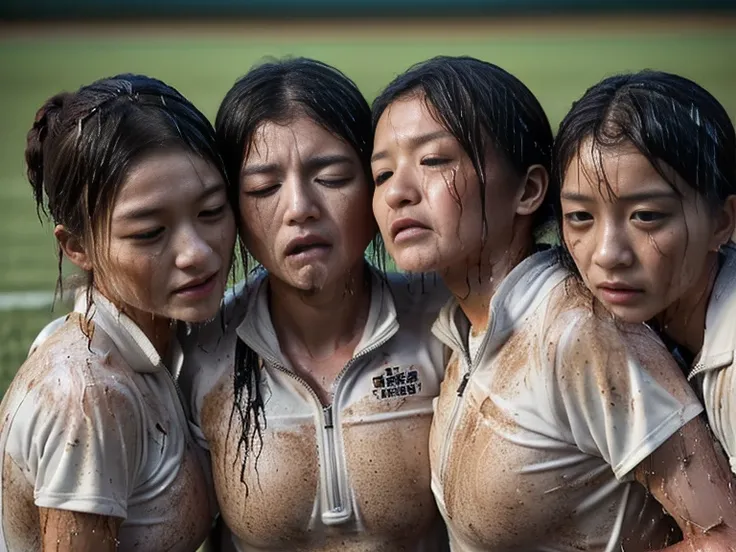 (A plain white short sleeved dirt stained field hockey uniform with a very tight white half zip:1.7)、(A large, dirt-stained, white, square collar: 1.6)、(Red clay ground:1.5)、My hair is wet and messy、(Beautiful Japanese woman covered in dirt:1.7)、Highest qu...