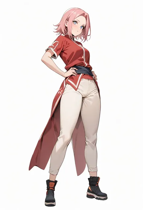 (masterpiece:1.2),(best quality:1.2),(masterpiece, best quality, ultra-high resolution), (1girl), (1 character), (Sakura Haruno), (White background), (No background), (Full body), natural pose, Standing, pink hair, naruto character, perfect details in clot...