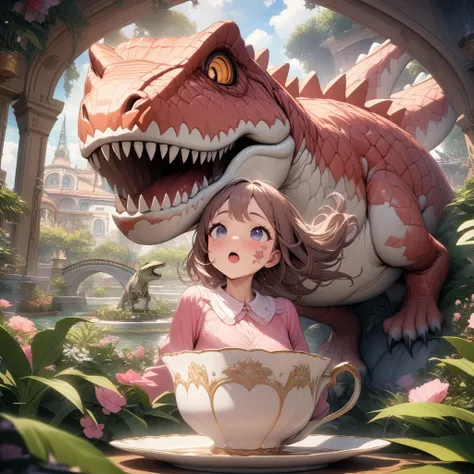 ((Masterpiece)), ((Best Quality)), (Very Detailed), ((Very Detailed)), 4K, (8K), very aesthetic, absurdres highres, A pink T-Rex inside a teacup with more specific elements such as a detailed pattern on the teacup, a playful expression on the T-Rexs face, ...