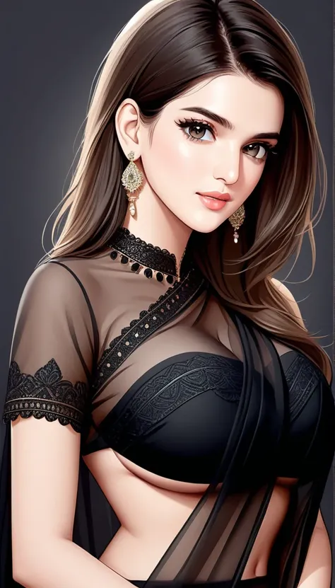 Kriti sanon wearing a beautiful saree,photorealistic,  best quality, masterpiece, realistic, highres, absurdres, kr1t1 , ((vector)),Portrait of A stunning Indian woman, wearing transparent 
black saree, Beautiful symmetric detailed eyes. Big breast, fit bo...