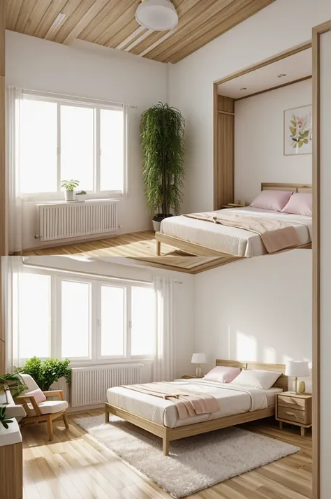 Create an image of a room that has a light wood-colored ceiling, white wooden walls, the floor material floating floor dark tone, A window, a bed with a padded back, a nightstand, a large white closet. The decoration of the room includes plants and white d...