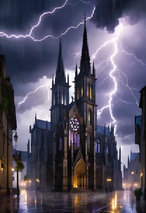 A Gothic cathedral during a thunderstorm, with ais-darkpartz swirling around the spires and lightning illuminating the ominous clouds.
