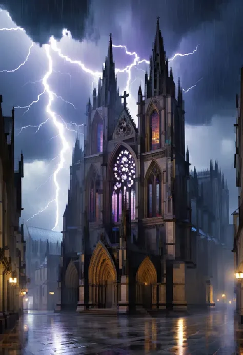 A Gothic cathedral during a thunderstorm, with ais-darkpartz swirling around the spires and lightning illuminating the ominous clouds.
