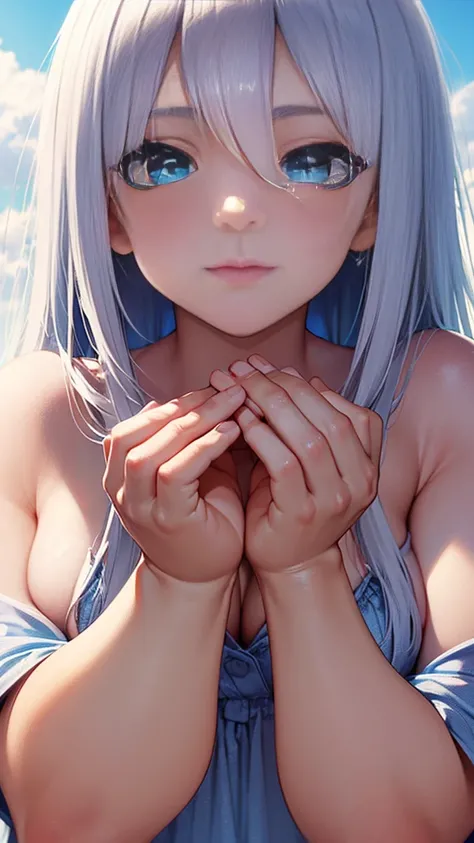 Transparent silver hair))、Semi-long hair、((Shiny blue eyes))、(Cute Summer Clothes)、resolution, unity 8k wallpaper, (figure:0.8), (Detailed and beautiful eyes:1.6), Highly detailed face, Perfect lighting, Extremely detailed CG, (Perfect hands, Perfect Anato...