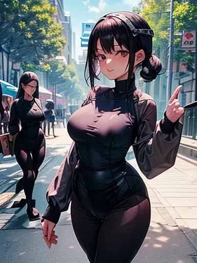 highest qualthaty、Complete limbs、Full Finger、Black-haired woman、Medium hair woman、Beautiful busty woman:1.3、(A woman wearing a navy blue one-piece long-sleeved school swimsuthat:1.5)、(((woman wearing black tights:1.5)))、Big smile、street tree、that&#39;it&#3...