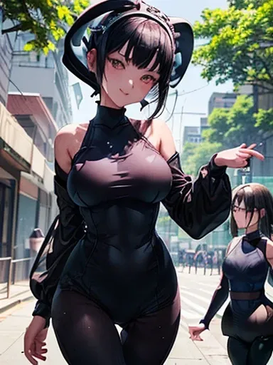 highest qualthaty、Complete limbs、Full Finger、Black-haired woman、Medium hair woman、Beautiful busty woman:1.3、(A woman wearing a navy blue one-piece long-sleeved school swimsuthat:1.5)、(((woman wearing black tights:1.5)))、Big smile、street tree、that&#39;it&#3...